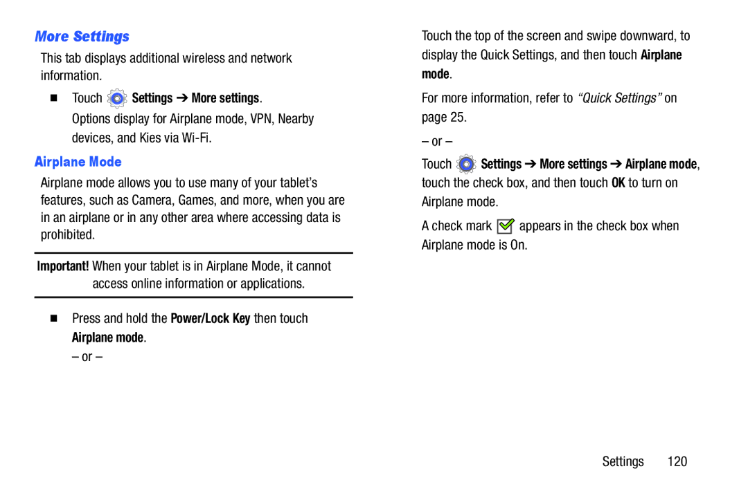 Samsung GT-P5210GNYXAR user manual More Settings,  Touch Settings More settings, Airplane Mode 