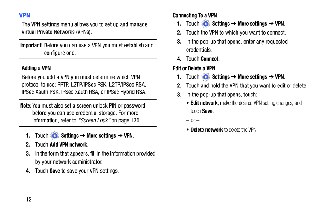 Samsung GT-P5210GNYXAR user manual Adding a VPN, Touch Settings More settings VPN Touch Add VPN network 