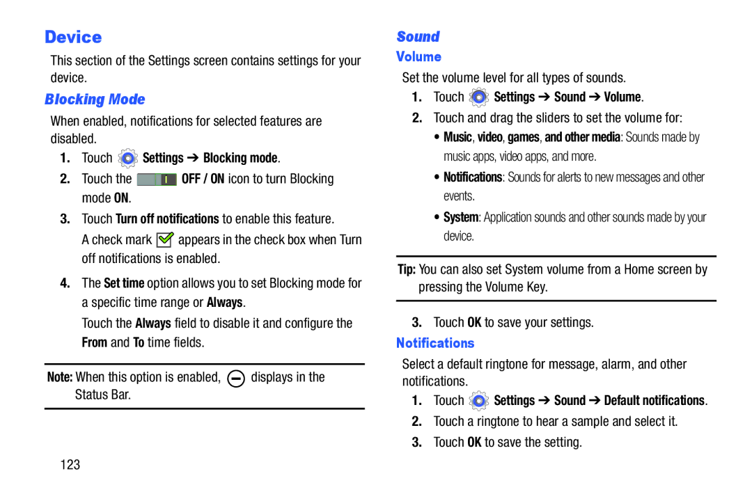 Samsung GT-P5210GNYXAR user manual Device, Blocking Mode, Sound, Volume, Notifications 