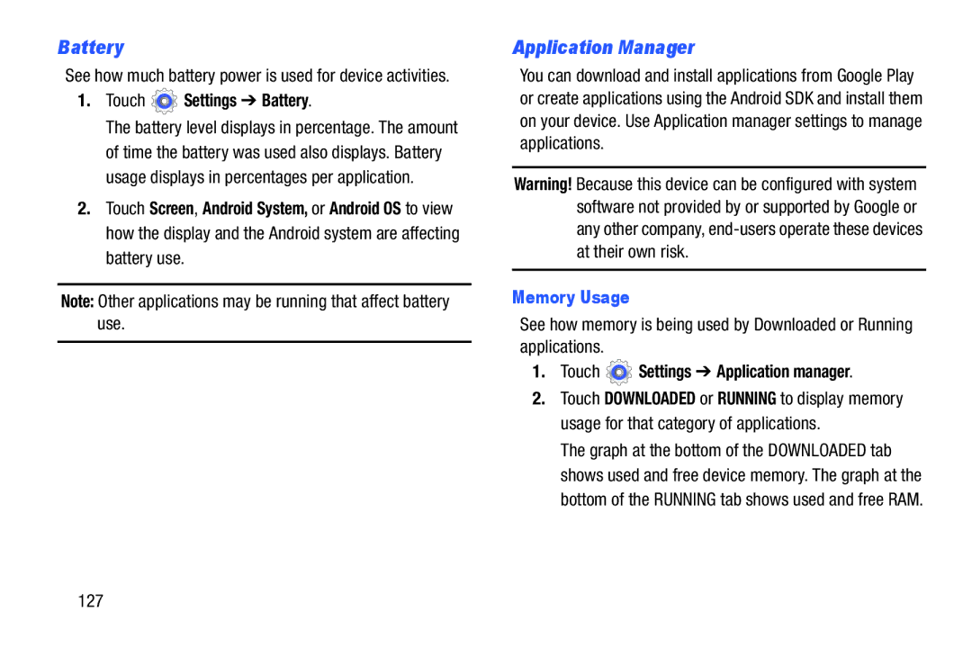 Samsung GT-P5210GNYXAR Application Manager, Touch Settings Battery, Memory Usage, Touch Settings Application manager 