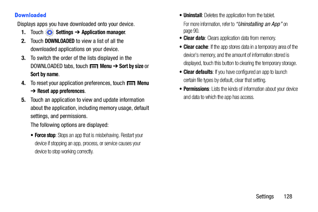 Samsung GT-P5210GNYXAR user manual Downloaded, Displays apps you have downloaded onto your device, Reset app preferences 