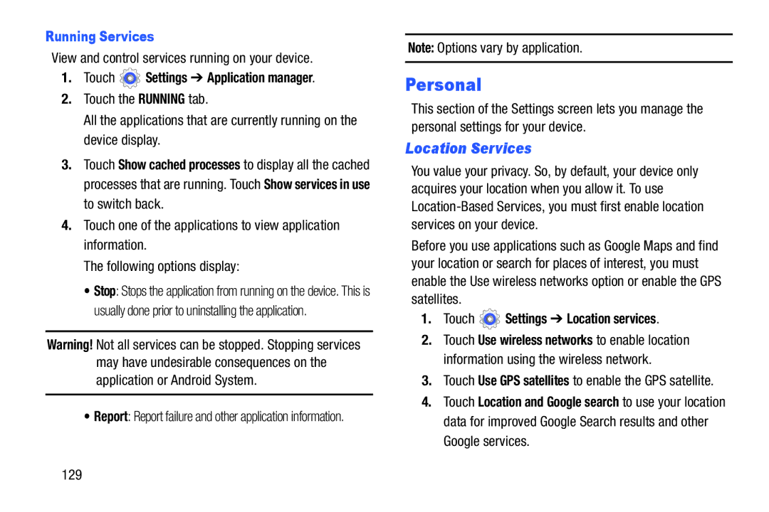 Samsung GT-P5210GNYXAR user manual Personal, Location Services, Running Services, Touch Settings Location services 