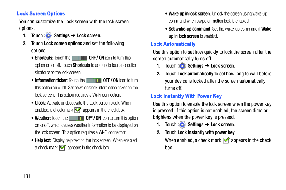 Samsung GT-P5210GNYXAR user manual Lock Screen Options, Check mark appears in the check box, Lock Automatically 