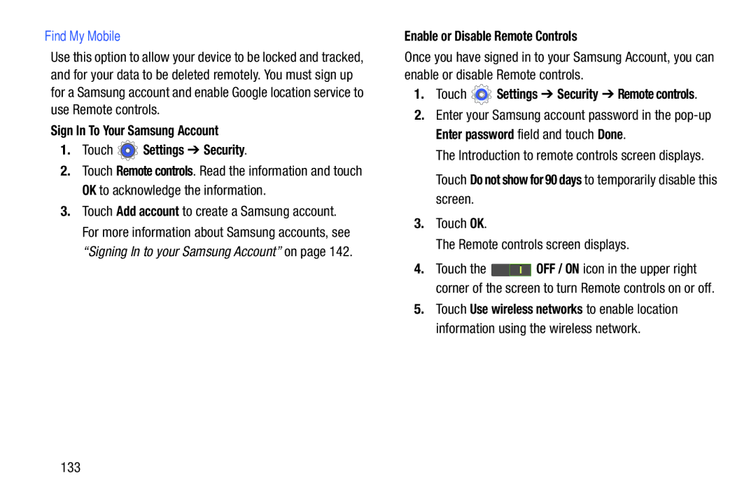 Samsung GT-P5210GNYXAR user manual Find My Mobile, Sign In To Your Samsung Account Touch Settings Security, 133 