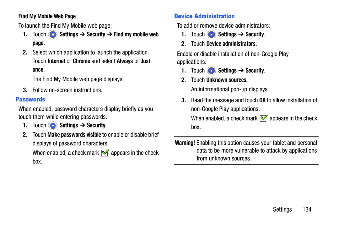 Samsung GT-P5210GNYXAR Find My Mobile Web, Touch Settings Security Find my mobile web, Passwords Device Administration 