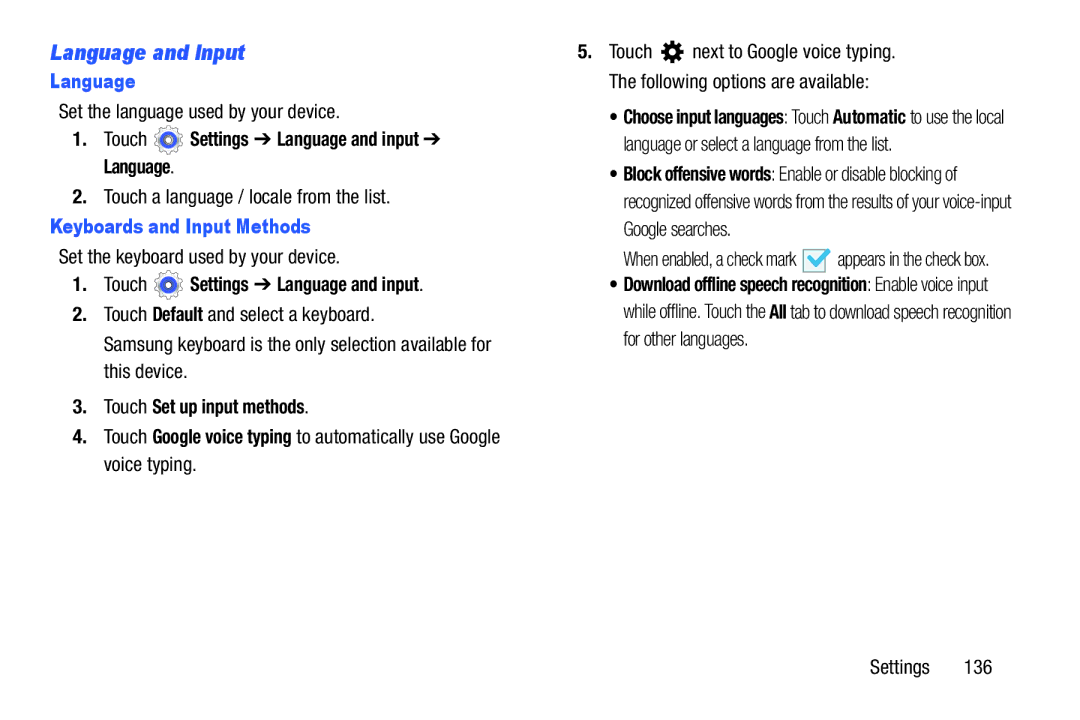 Samsung GT-P5210GNYXAR Language and Input, Touch Settings Language and input Language, Keyboards and Input Methods 