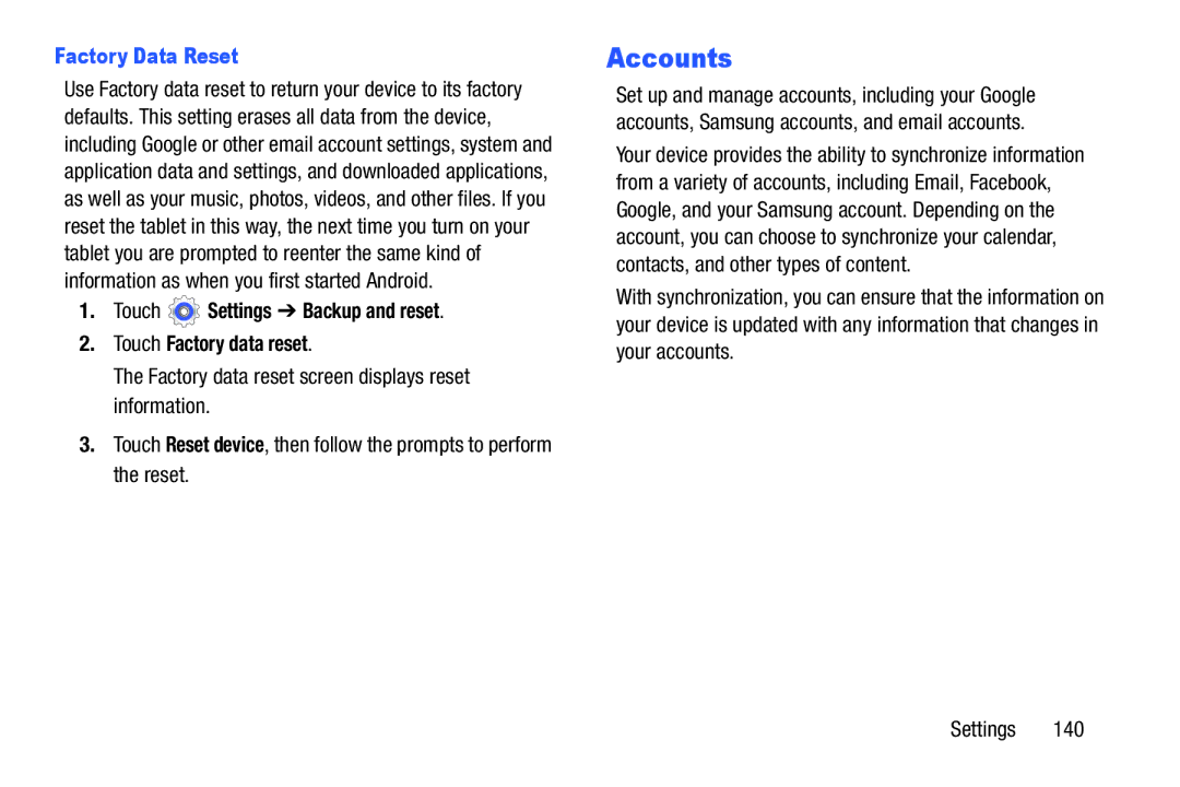 Samsung GT-P5210GNYXAR user manual Factory Data Reset, Touch Settings Backup and reset Touch Factory data reset 