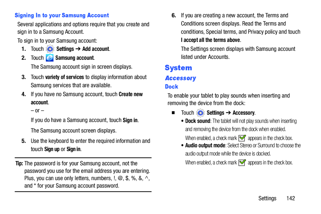 Samsung GT-P5210GNYXAR user manual System, Accessory, Signing In to your Samsung Account, Dock 