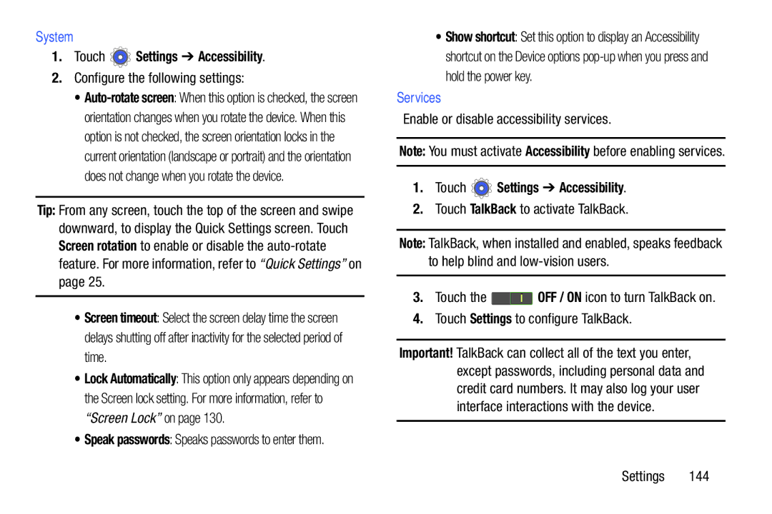 Samsung GT-P5210GNYXAR user manual Touch Settings Accessibility, Services, Enable or disable accessibility services 