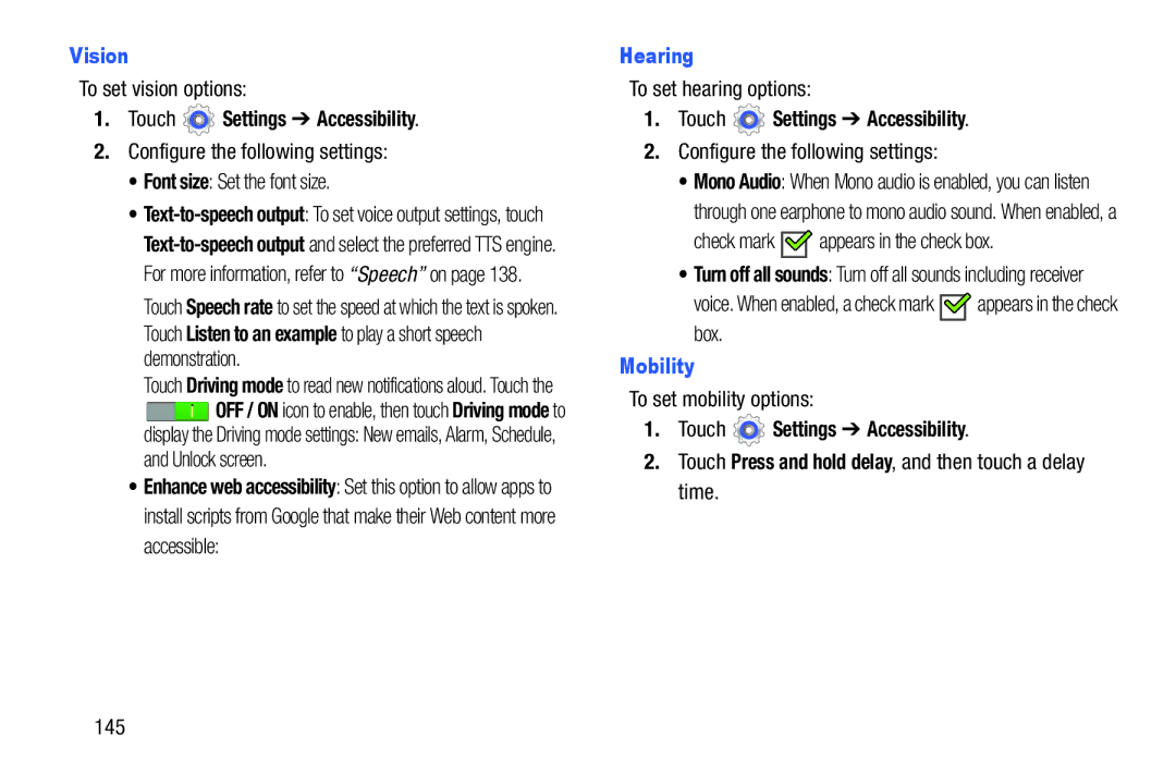 Samsung GT-P5210GNYXAR user manual Vision, Hearing, Mobility 