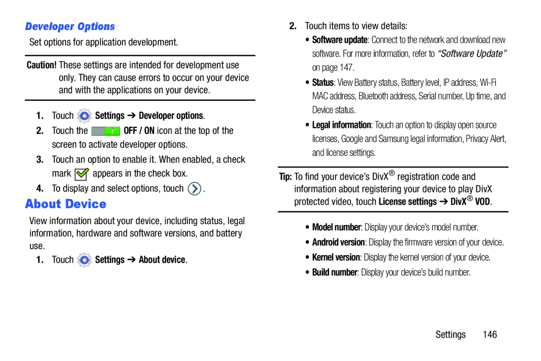 Samsung GT-P5210GNYXAR About Device, Developer Options, Touch Settings Developer options, Touch Settings About device 