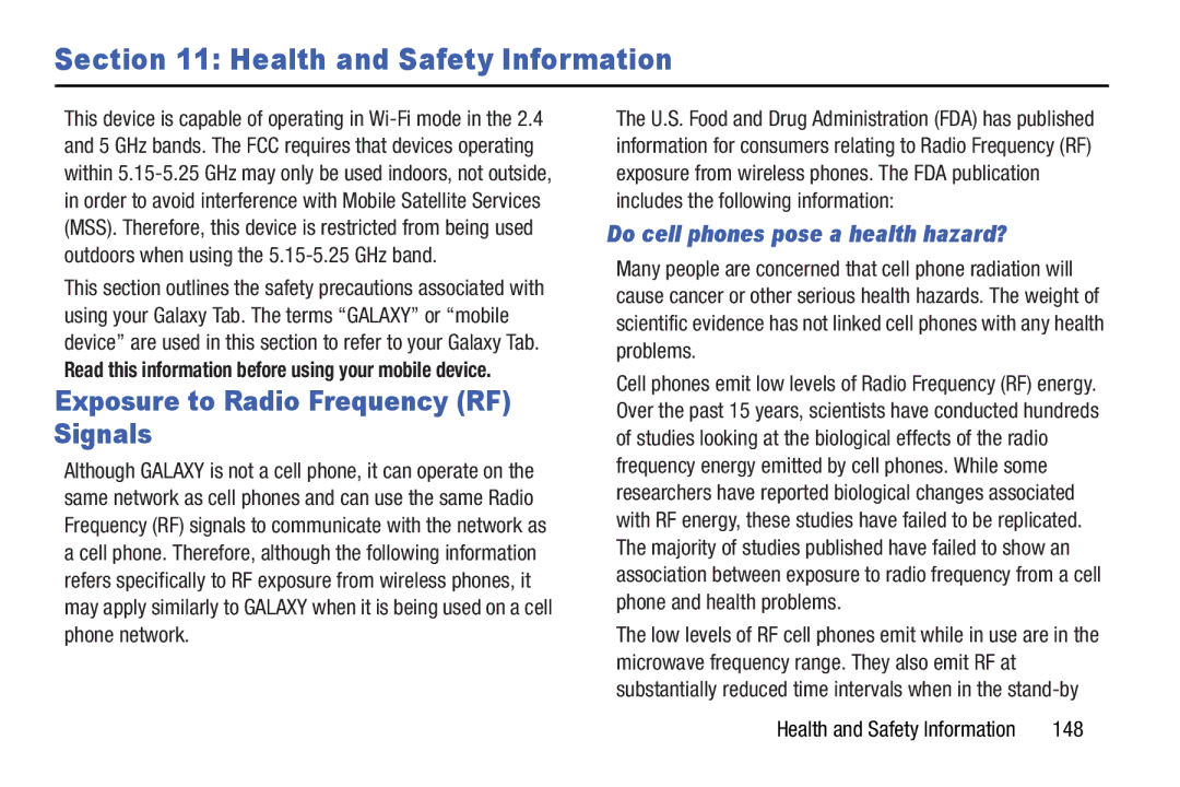 Samsung GT-P5210GNYXAR user manual Health and Safety Information, Exposure to Radio Frequency RF Signals, 148 