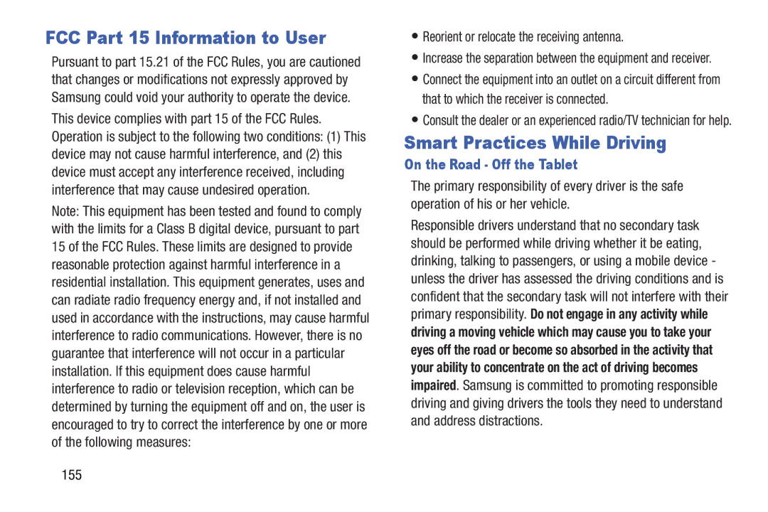 Samsung GT-P5210GNYXAR FCC Part 15 Information to User, Smart Practices While Driving, On the Road Off the Tablet, 155 