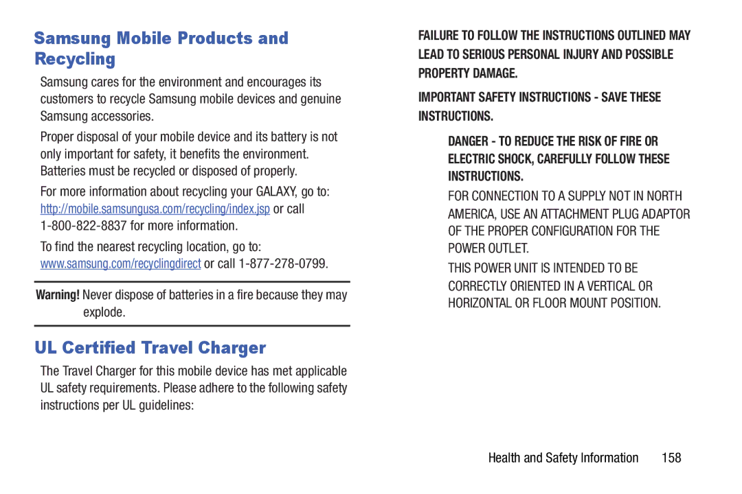 Samsung GT-P5210GNYXAR user manual Samsung Mobile Products and Recycling, UL Certified Travel Charger, 158 