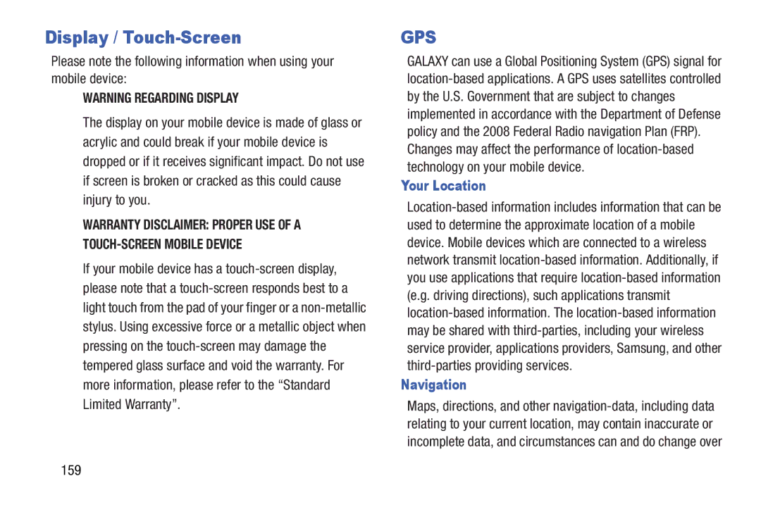 Samsung GT-P5210GNYXAR user manual Display / Touch-Screen, Your Location, Navigation, 159 