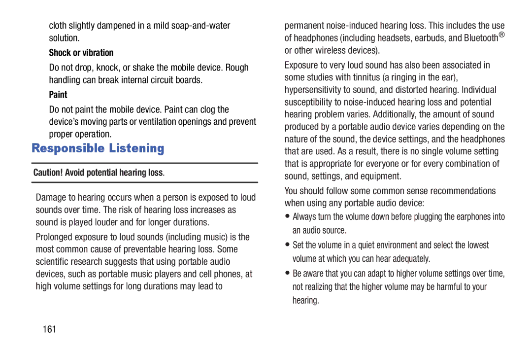 Samsung GT-P5210GNYXAR user manual Responsible Listening, Cloth slightly dampened in a mild soap-and-water solution, Paint 