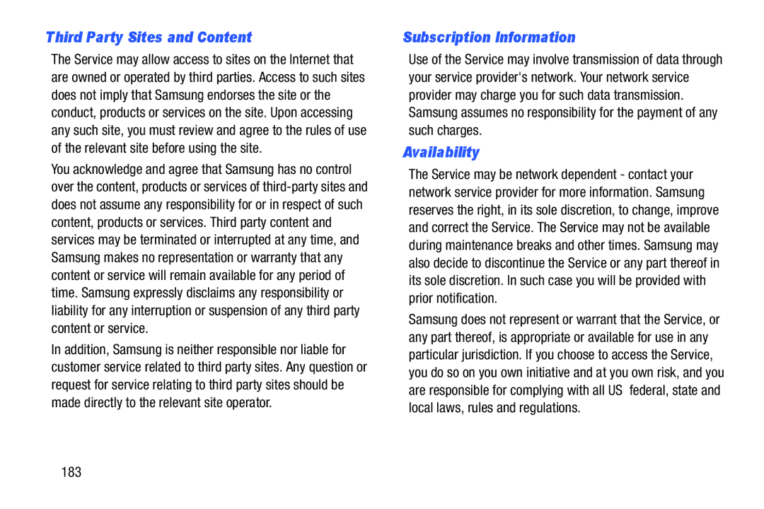 Samsung GT-P5210GNYXAR user manual Third Party Sites and Content, Subscription Information, Availability, 183 