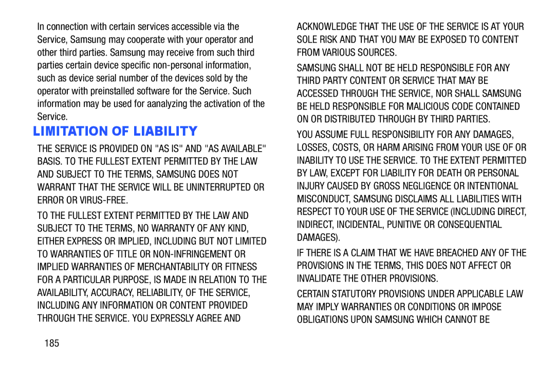 Samsung GT-P5210GNYXAR user manual Limitation of Liability, 185 