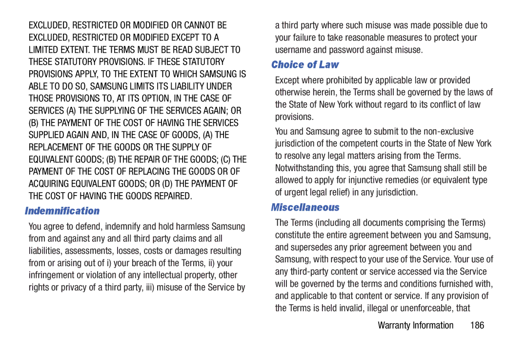 Samsung GT-P5210GNYXAR user manual Indemnification, Choice of Law, Miscellaneous, 186 