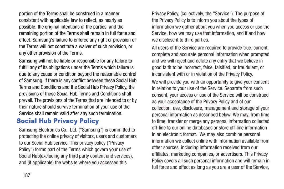 Samsung GT-P5210GNYXAR user manual Social Hub Privacy Policy, 187 