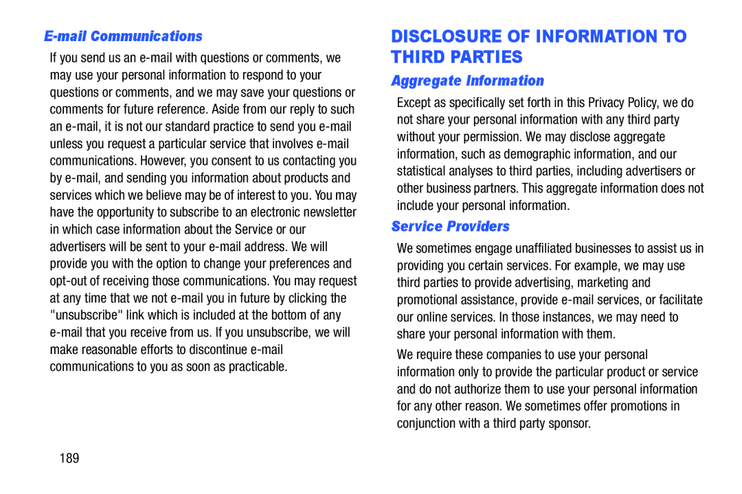 Samsung GT-P5210GNYXAR user manual Mail Communications, Aggregate Information, Service Providers, 189 