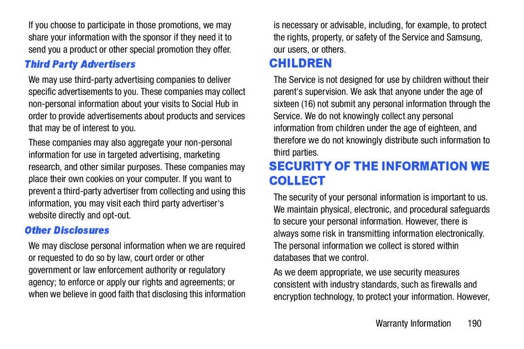 Samsung GT-P5210GNYXAR user manual Third Party Advertisers, Other Disclosures, 190 
