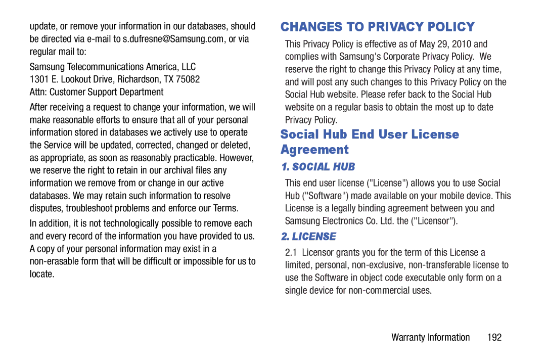 Samsung GT-P5210GNYXAR user manual Social Hub End User License Agreement, 192 