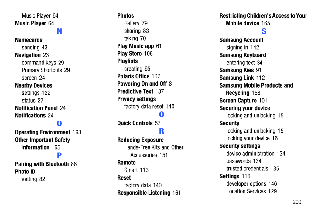 Samsung GT-P5210GNYXAR Music Player Namecards, Navigation 23 command keys 29 Primary Shortcuts 29 screen, Photos, Remote 