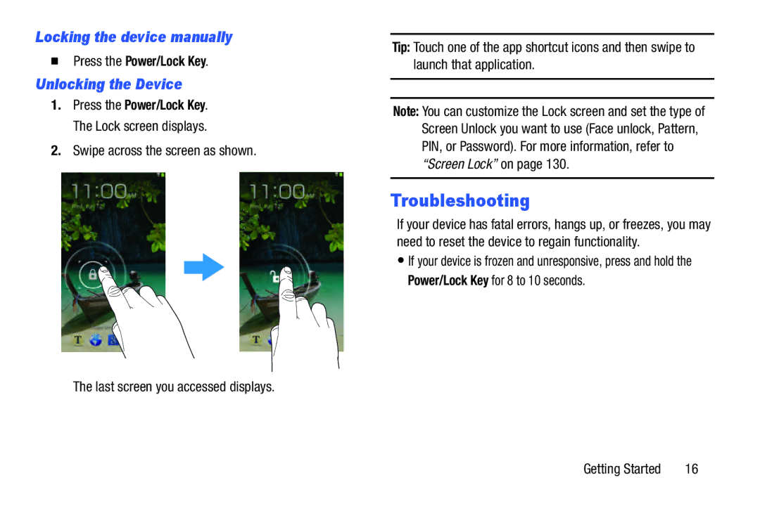 Samsung GT-P5210GNYXAR Troubleshooting, Locking the device manually, Unlocking the Device,  Press the Power/Lock Key 