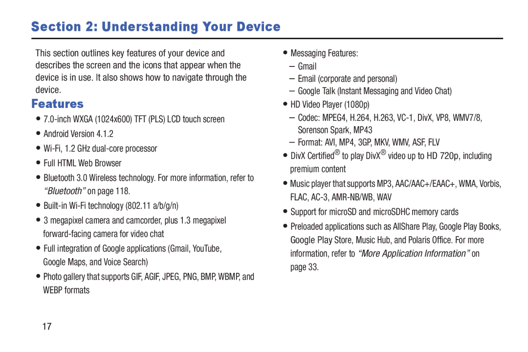 Samsung GT-P5210GNYXAR user manual Understanding Your Device, Features, Support for microSD and microSDHC memory cards 