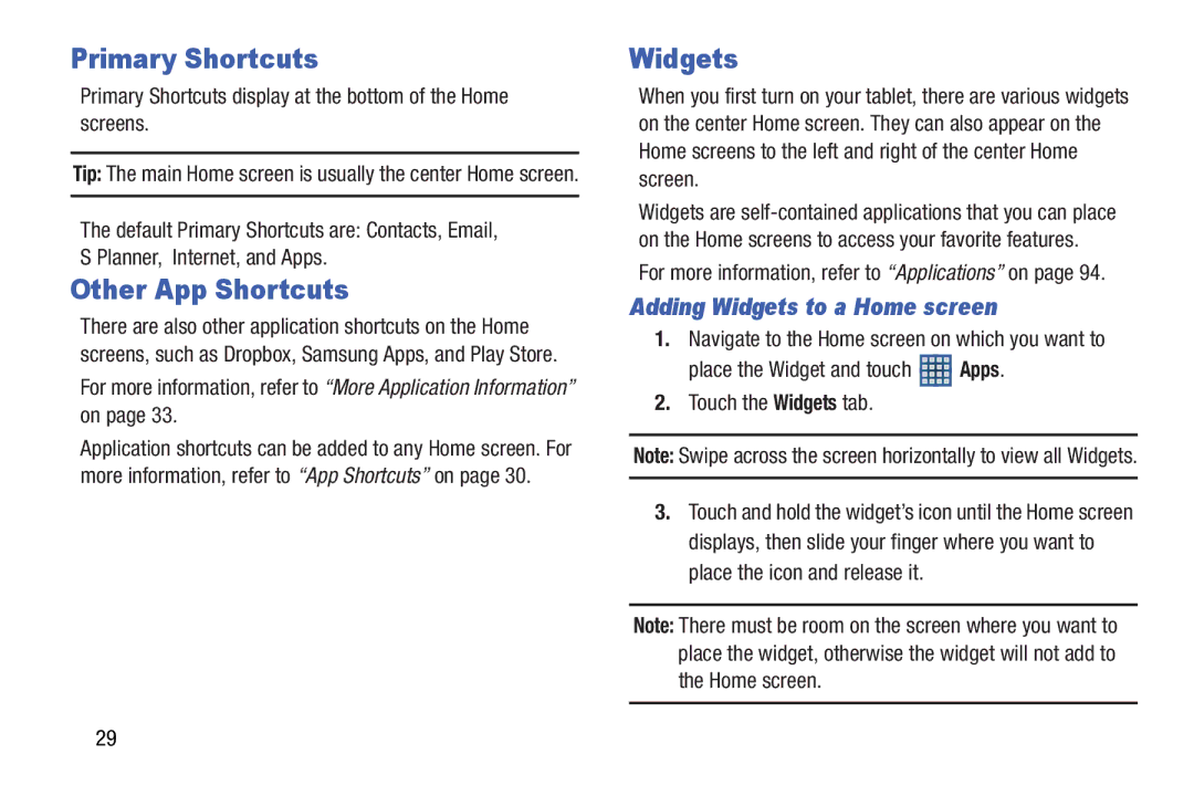 Samsung GT-P5210GNYXAR user manual Primary Shortcuts, Other App Shortcuts, Adding Widgets to a Home screen 