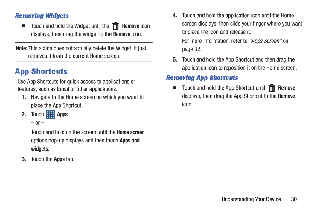 Samsung GT-P5210GNYXAR user manual Removing Widgets, Removing App Shortcuts 