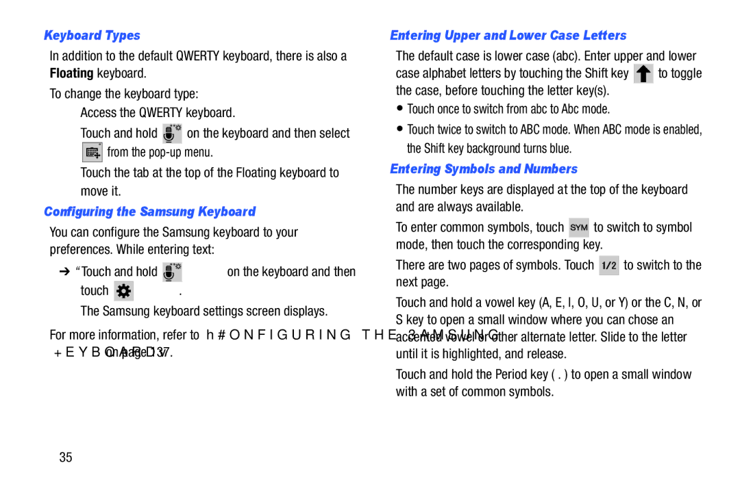 Samsung GT-P5210GNYXAR Keyboard Types, Configuring the Samsung Keyboard, Touch Settings, Entering Symbols and Numbers 