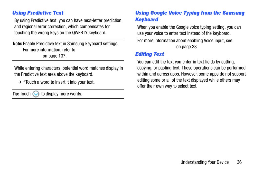 Samsung GT-P5210GNYXAR user manual Using Predictive Text, Using Google Voice Typing from the Samsung Keyboard, Editing Text 