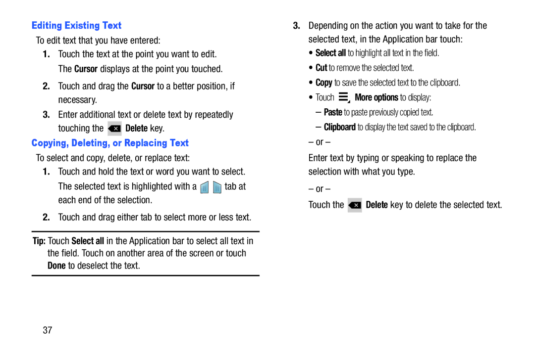 Samsung GT-P5210GNYXAR Editing Existing Text, To edit text that you have entered, Copying, Deleting, or Replacing Text 