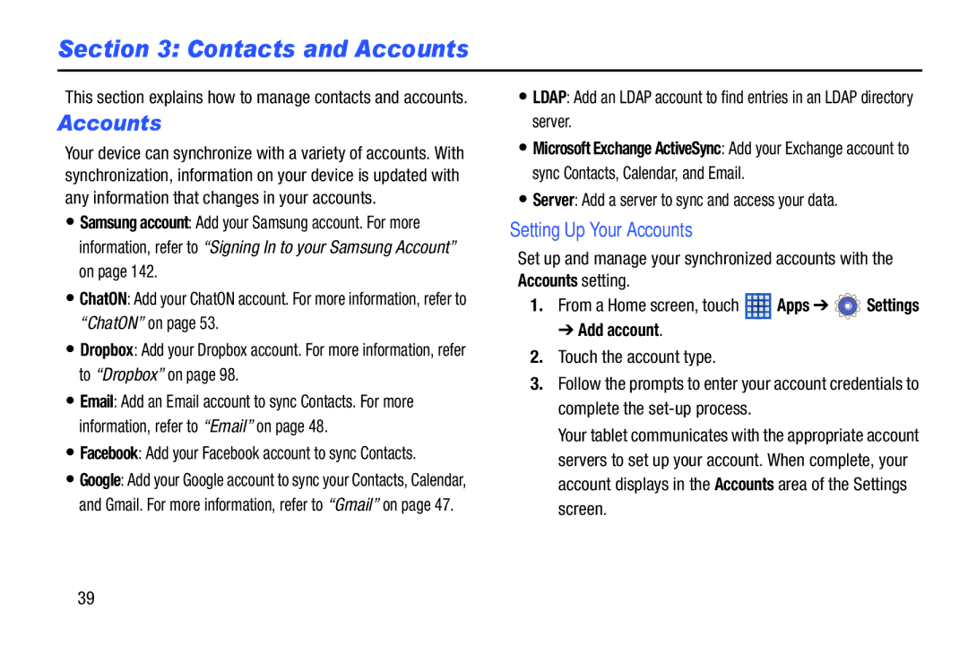 Samsung GT-P5210GNYXAR Contacts and Accounts, Setting Up Your Accounts, Server Add a server to sync and access your data 