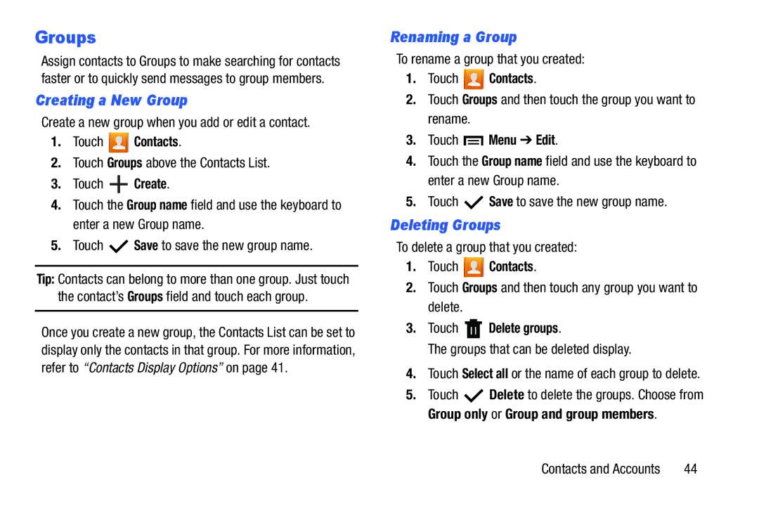 Samsung GT-P5210GNYXAR user manual Creating a New Group, Renaming a Group, Deleting Groups, Touch Delete groups 