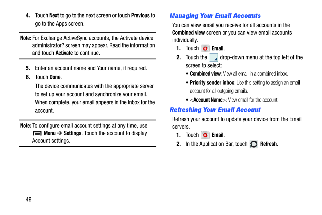 Samsung GT-P5210GNYXAR Managing Your Email Accounts, Refreshing Your Email Account, Touch Done, Account settings 