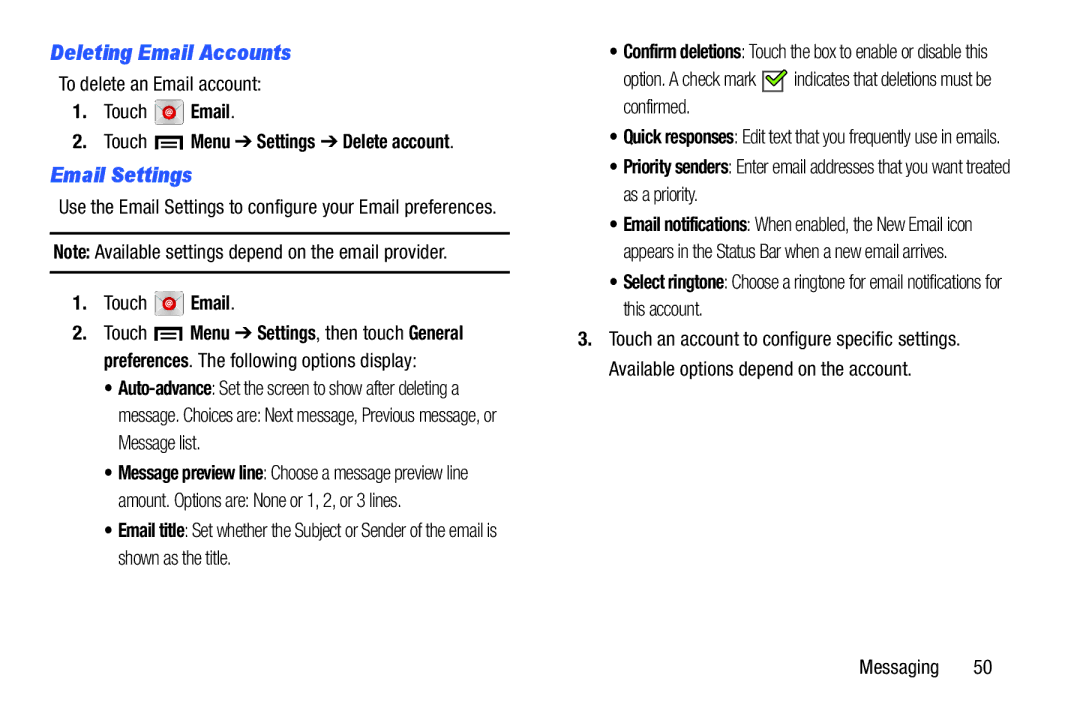 Samsung GT-P5210GNYXAR user manual Deleting Email Accounts, Email Settings, To delete an Email account Touch Email 