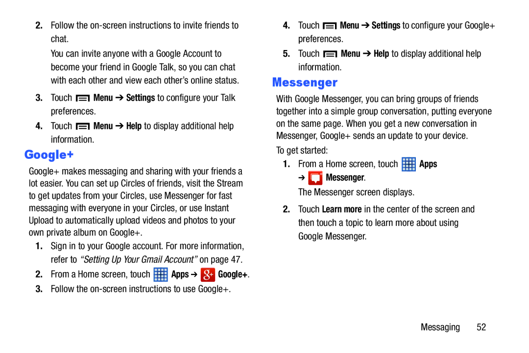 Samsung GT-P5210GNYXAR user manual Google+, Messenger, Touch Menu Settings to configure your Talk preferences 