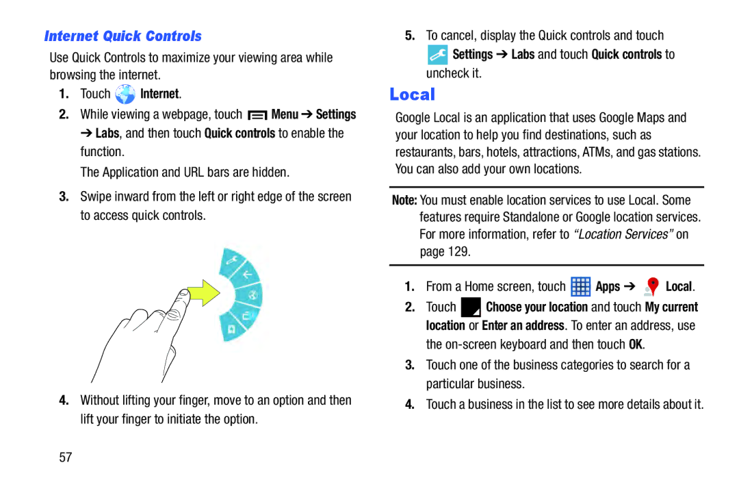 Samsung GT-P5210GNYXAR user manual Local, Internet Quick Controls, Settings Labs and touch Quick controls to uncheck it 