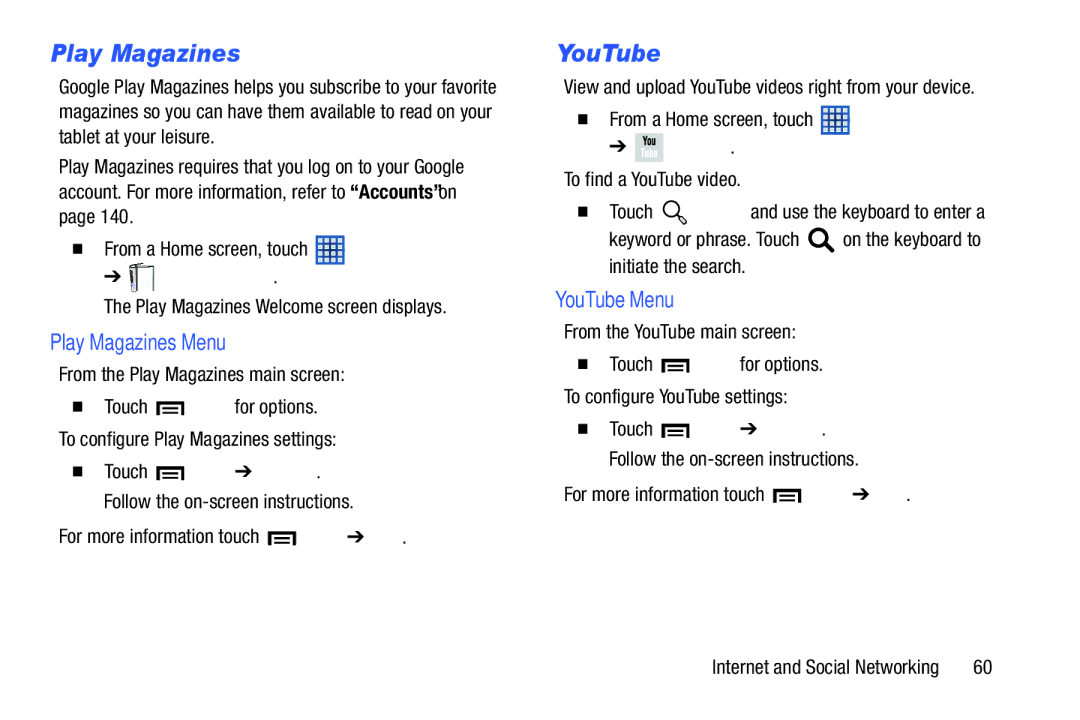 Samsung GT-P5210GNYXAR user manual Play Magazines Menu, YouTube Menu 