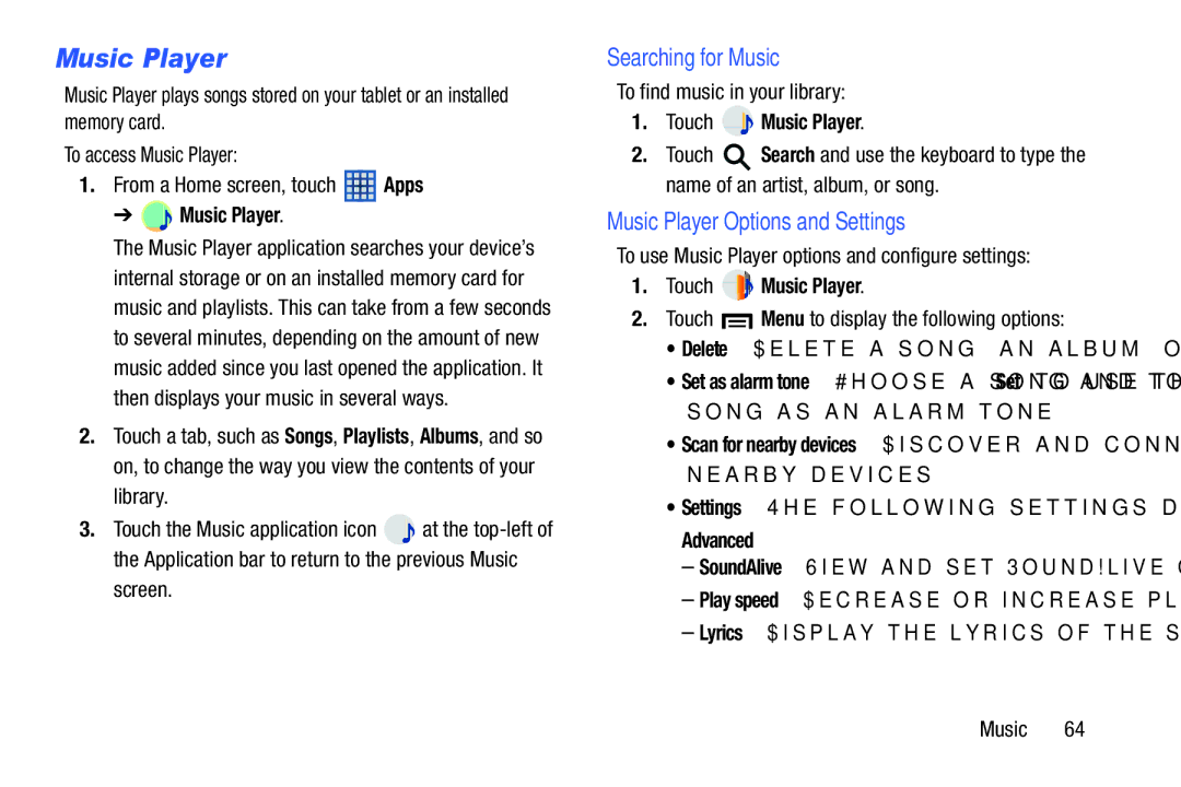 Samsung GT-P5210GNYXAR user manual Searching for Music, Music Player Options and Settings 