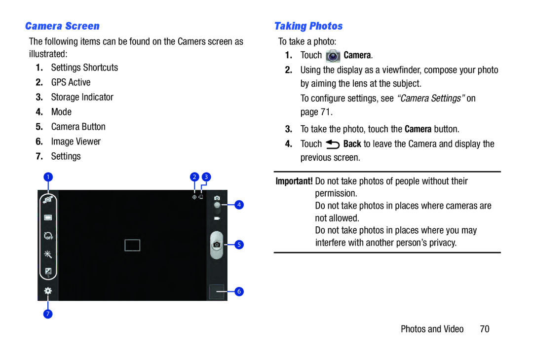 Samsung GT-P5210GNYXAR user manual Camera Screen, Taking Photos 