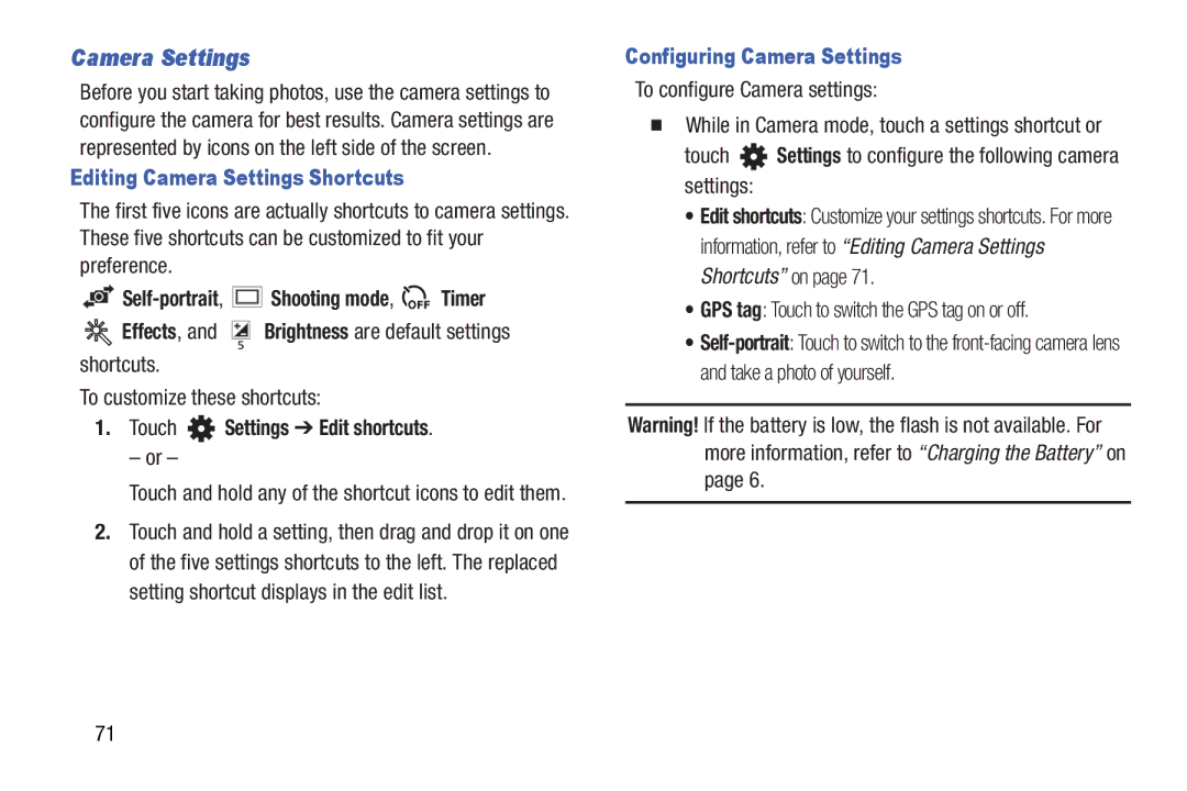 Samsung GT-P5210GNYXAR user manual Editing Camera Settings Shortcuts, Configuring Camera Settings 