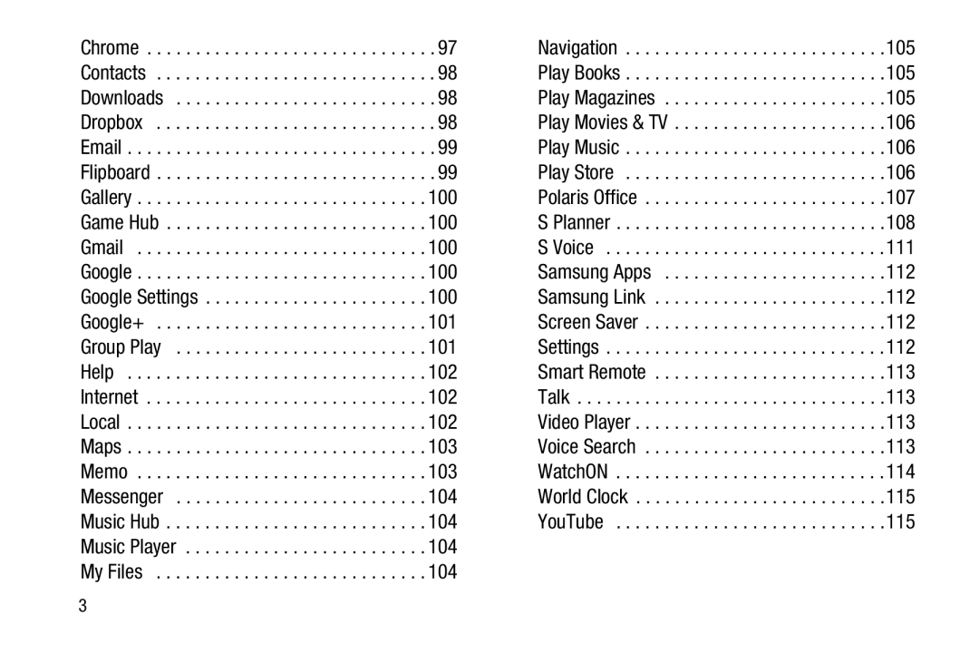 Samsung GT-P5210GNYXAR user manual 105, 106, 100, 107, 108, 111, 112, 101, 102, 113, 103, 114, 104, 115 