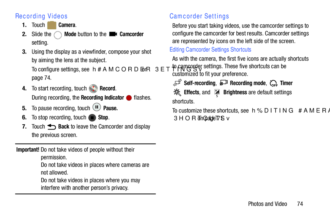 Samsung GT-P5210GNYXAR user manual Recording Videos, Editing Camcorder Settings Shortcuts 