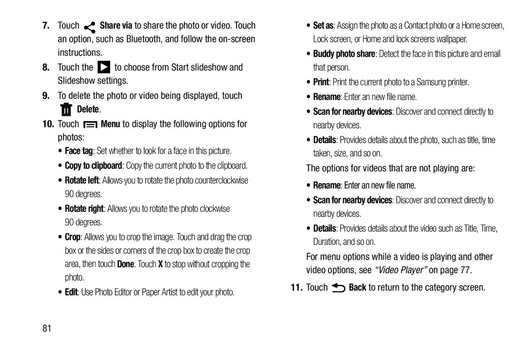 Samsung GT-P5210GNYXAR user manual Touch Menu to display the following options for photos, Rename Enter an new file name 