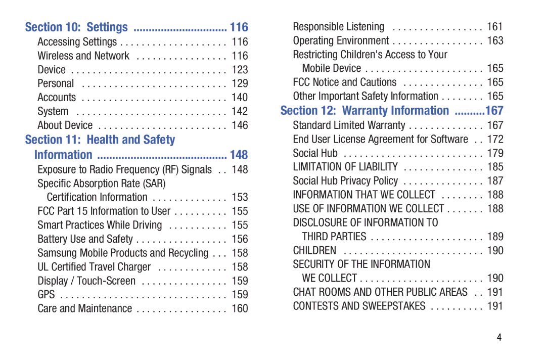 Samsung GT-P5210GNYXAR user manual 116, Health and Safety, 148, Warranty Information 167 