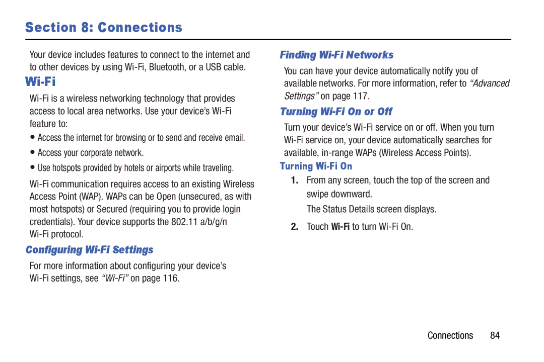 Samsung GT-P5210GNYXAR Connections, Configuring Wi-Fi Settings, Finding Wi-Fi Networks, Turning Wi-Fi On or Off 